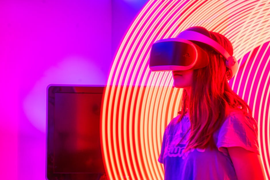A woman wearing VR glasses immersed in a neon-lit environment with swirling lights.